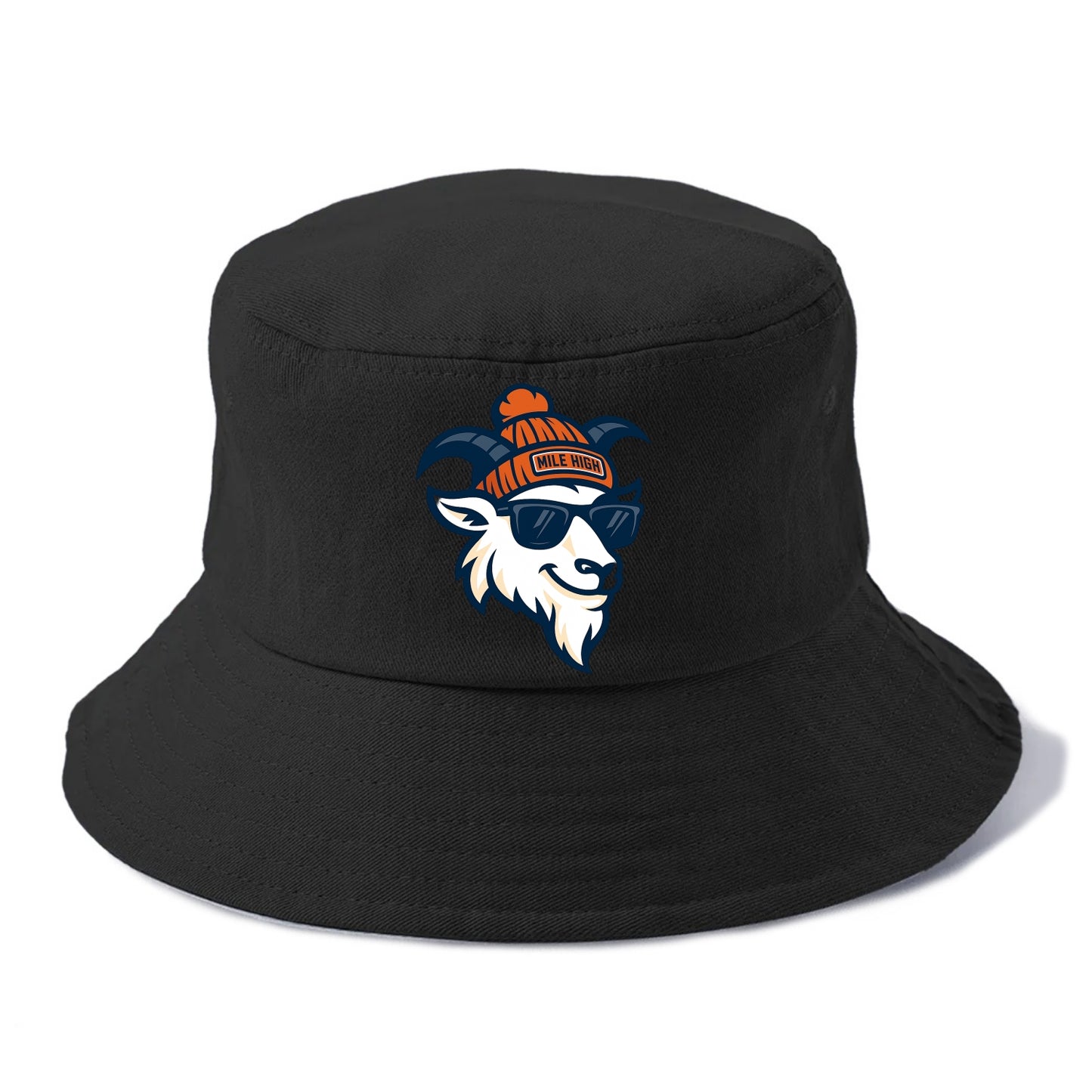 Denver Mountain Goat wearing Broncos beanie with Mile High patch and wayfarer - Bucket Hat - Black