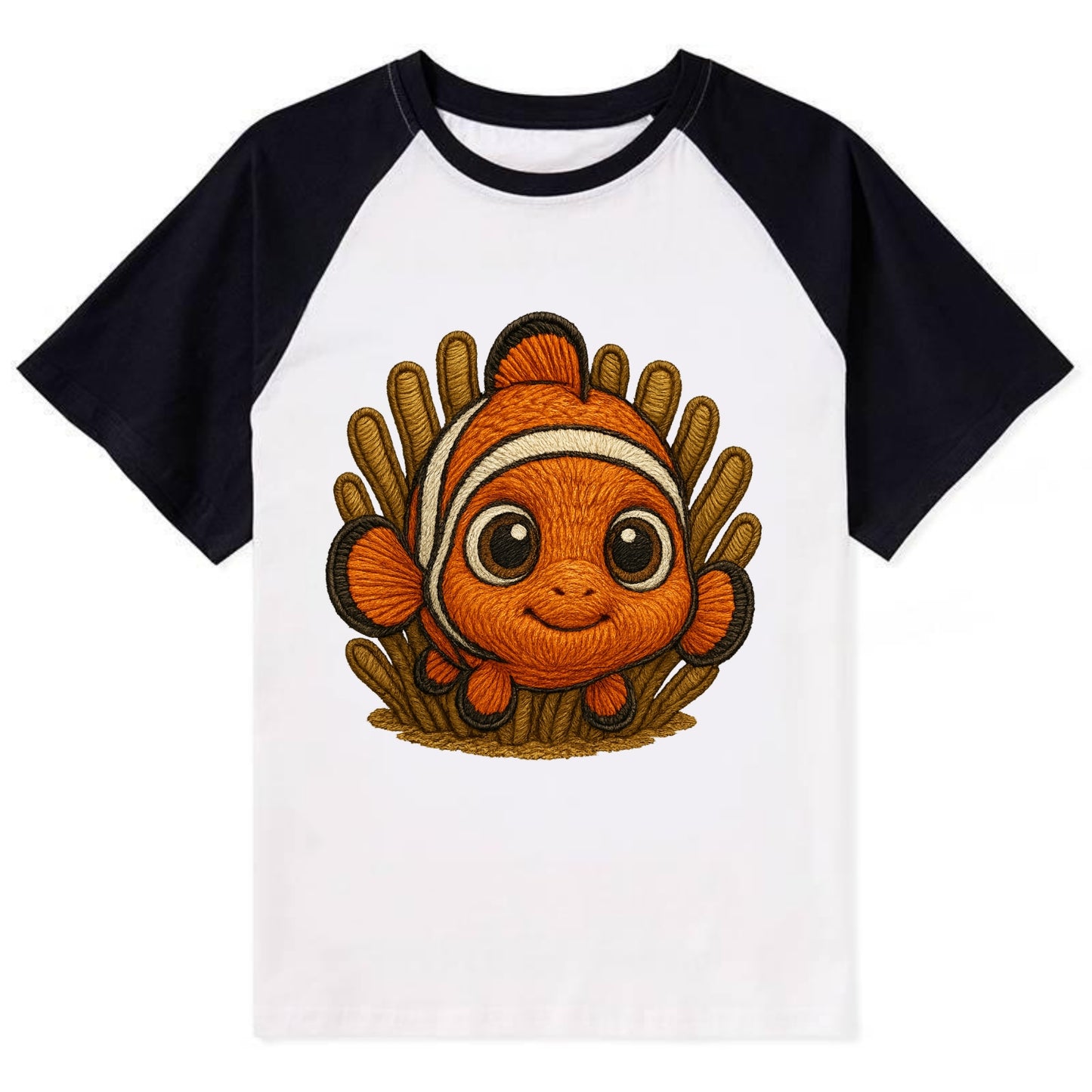 Baby Clownfish - orange with white stripes, big round eyes, front-facing - Contrast Raglan T-shirt - Black