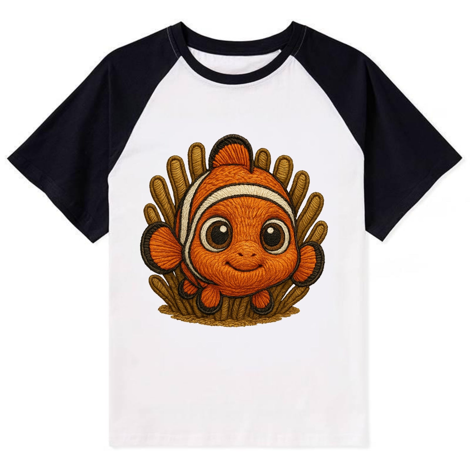 Baby Clownfish - orange with white stripes, big round eyes, front-facing - Contrast Raglan T-shirt - Black
