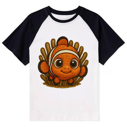 Baby Clownfish - orange with white stripes, big round eyes, front-facing - Contrast Raglan T-shirt - Black