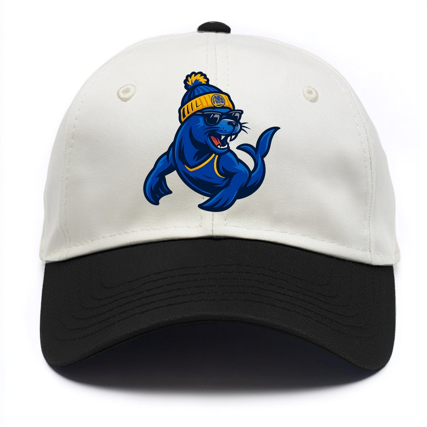Bay Area Sea Lion wearing Warriors blue and gold beanie with Golden Gate and - Two Tone Cap - Black