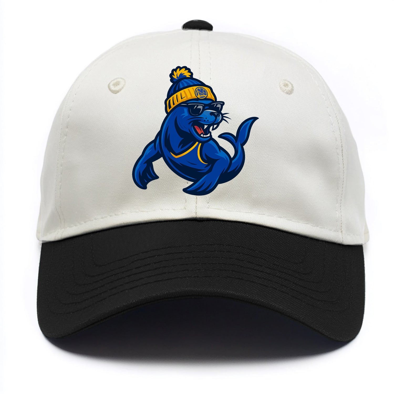 Bay Area Sea Lion wearing Warriors blue and gold beanie with Golden Gate and - Two Tone Cap - Black