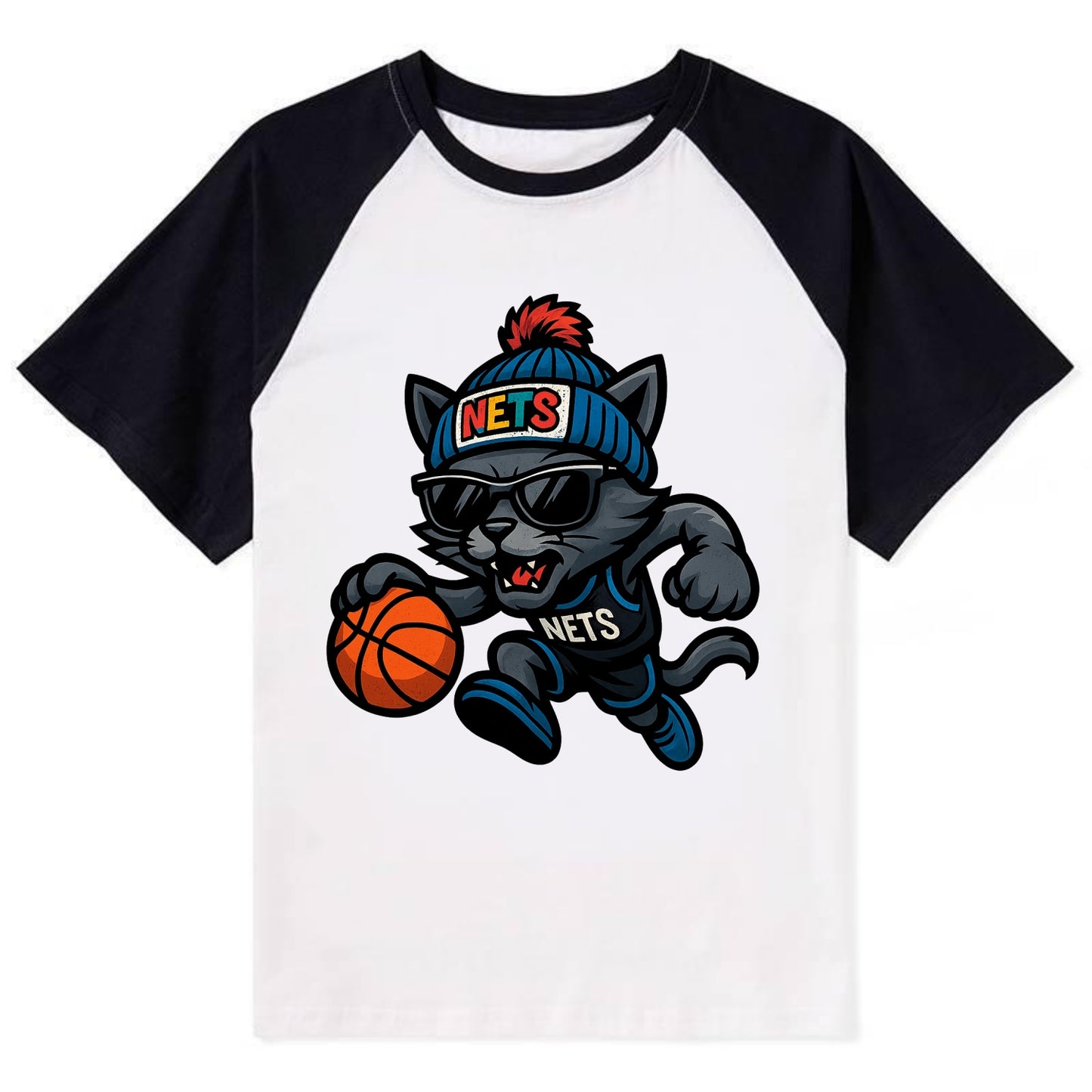 Brooklyn Cat wearing Nets beanie with street art patch and wayfarer - Contrast Raglan T-shirt - Black