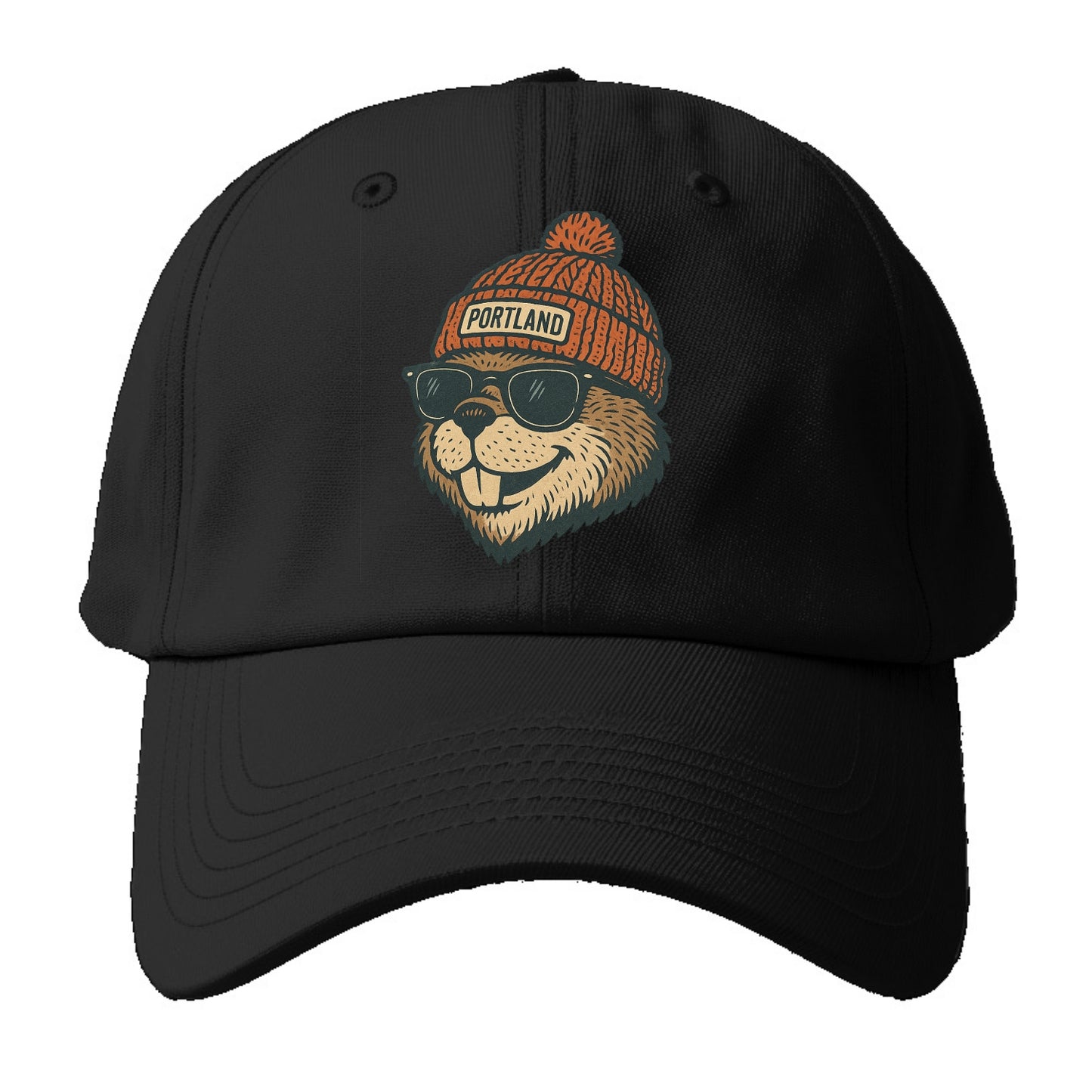 Oregon Beaver wearing Portland beanie with pom pom and wayfarer sunglasses - Baseball Cap - Black