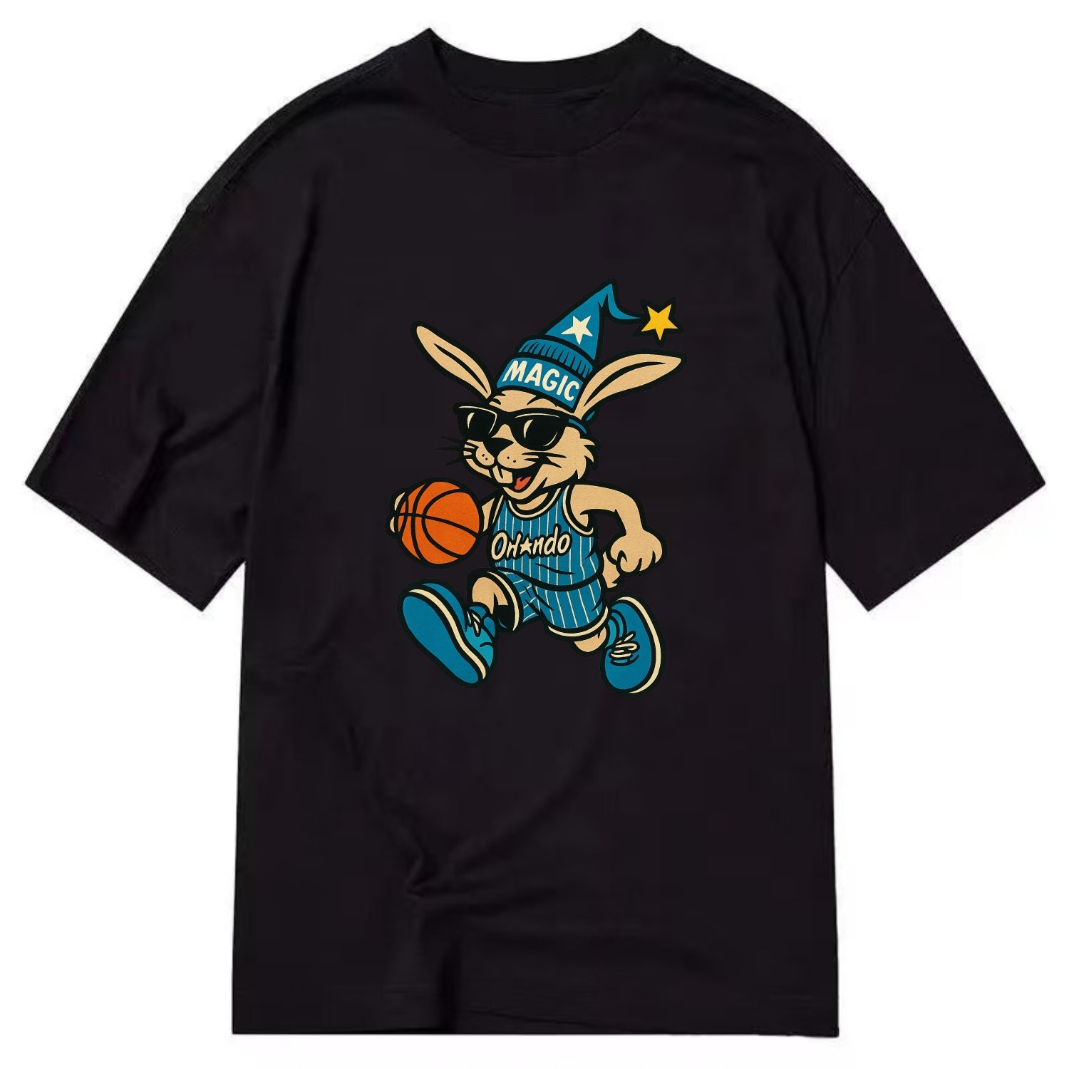 Orlando Rabbit wearing Magic blue and silver beanie with wizard hat and wayfarer - Classic T-shirt - Black
