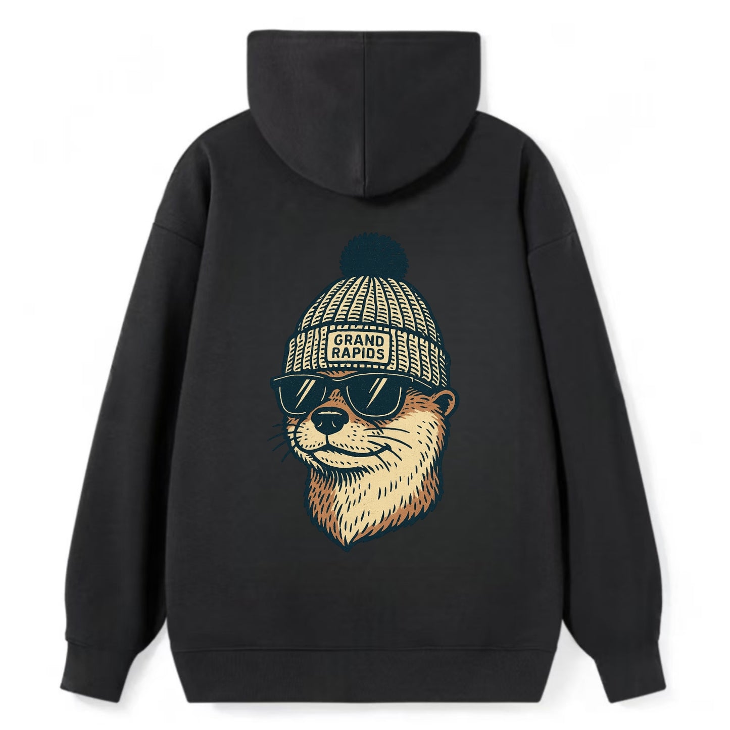 Grand Rapids River Otter wearing Grand Rapids beanie with pom pom and - Classic Pullover Hoodie - Black