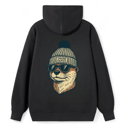 Grand Rapids River Otter wearing Grand Rapids beanie with pom pom and - Classic Pullover Hoodie - Black