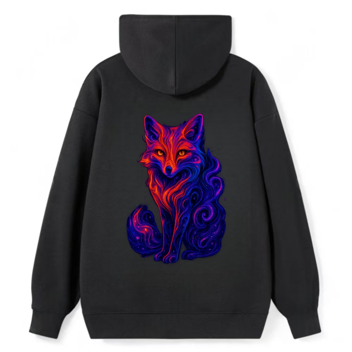 Clever fox with tail dissolving into cosmic nebula swirls, orange to - Classic Pullover Hoodie - Black