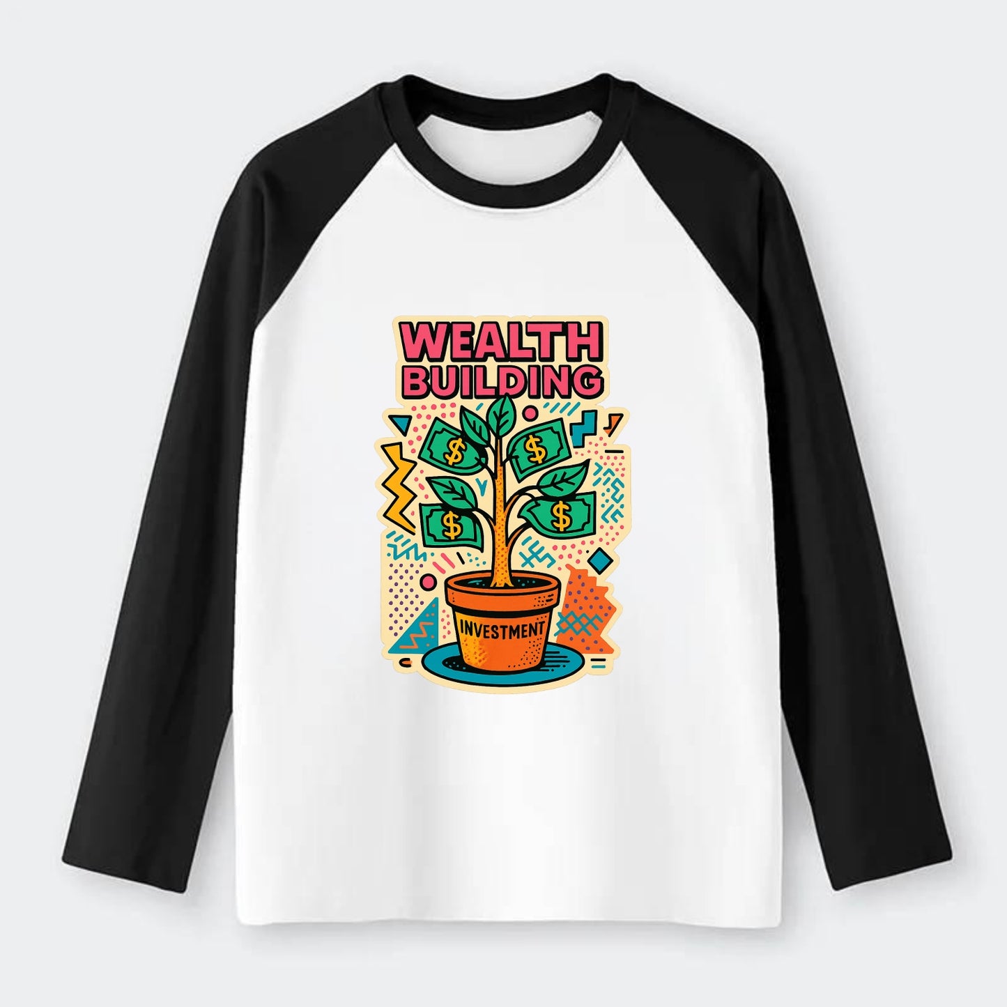Money tree growing from investment pot - financial independence - Raglan Long Sleeve T-Shirt - Black