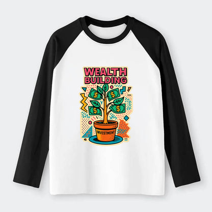 Money tree growing from investment pot - financial independence - Raglan Long Sleeve T-Shirt - Black