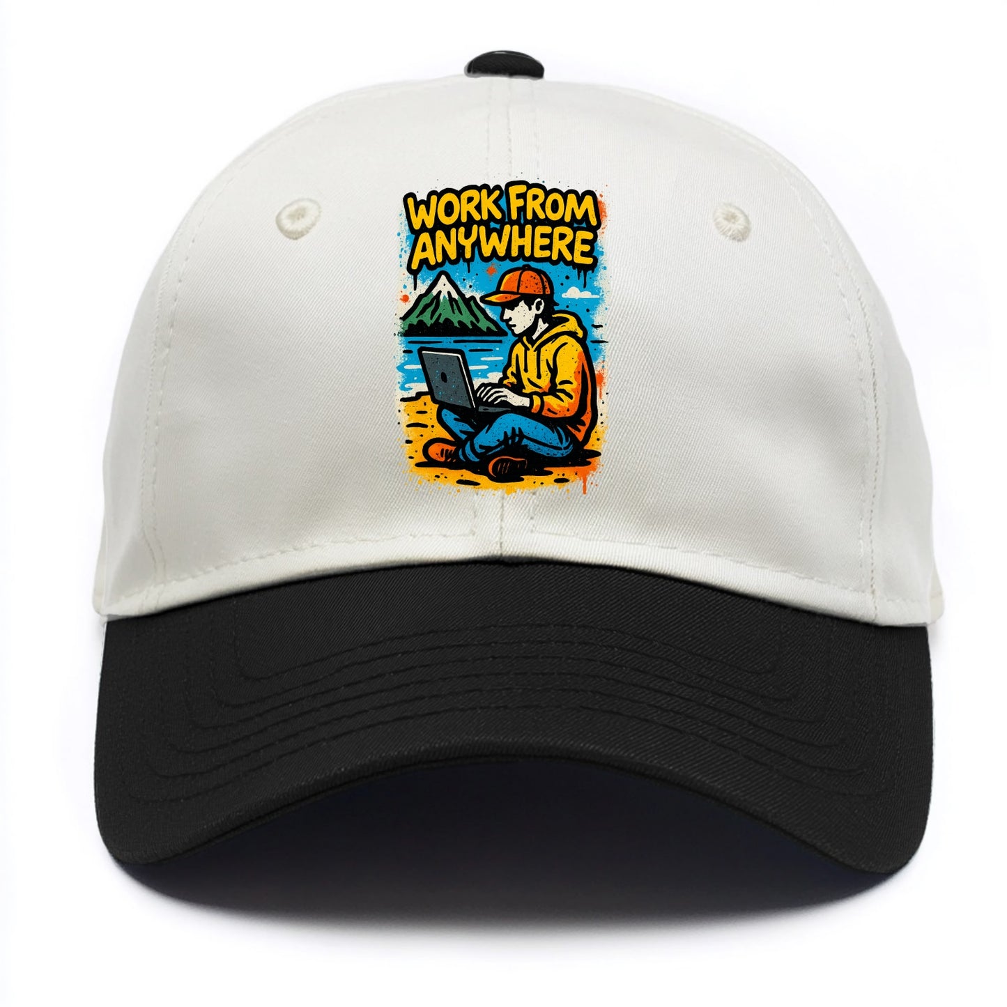 Digital nomad with laptop on beach/mountain - work from anywhere lifestyle, location - Two Tone Cap - Black