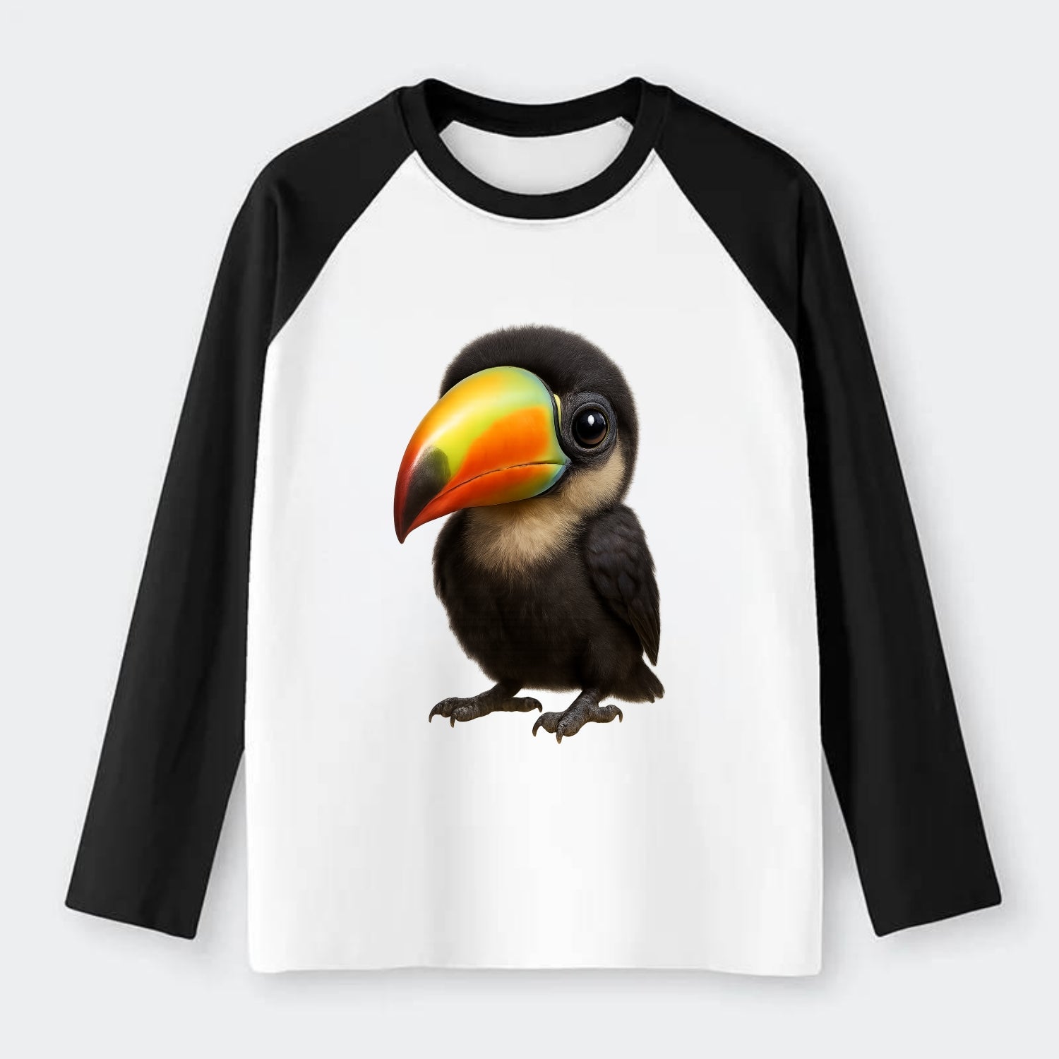Baby Toucan - oversized colorful beak, black feathers, bright eyes, - Raglan Long Sleeve T-Shirt - Black