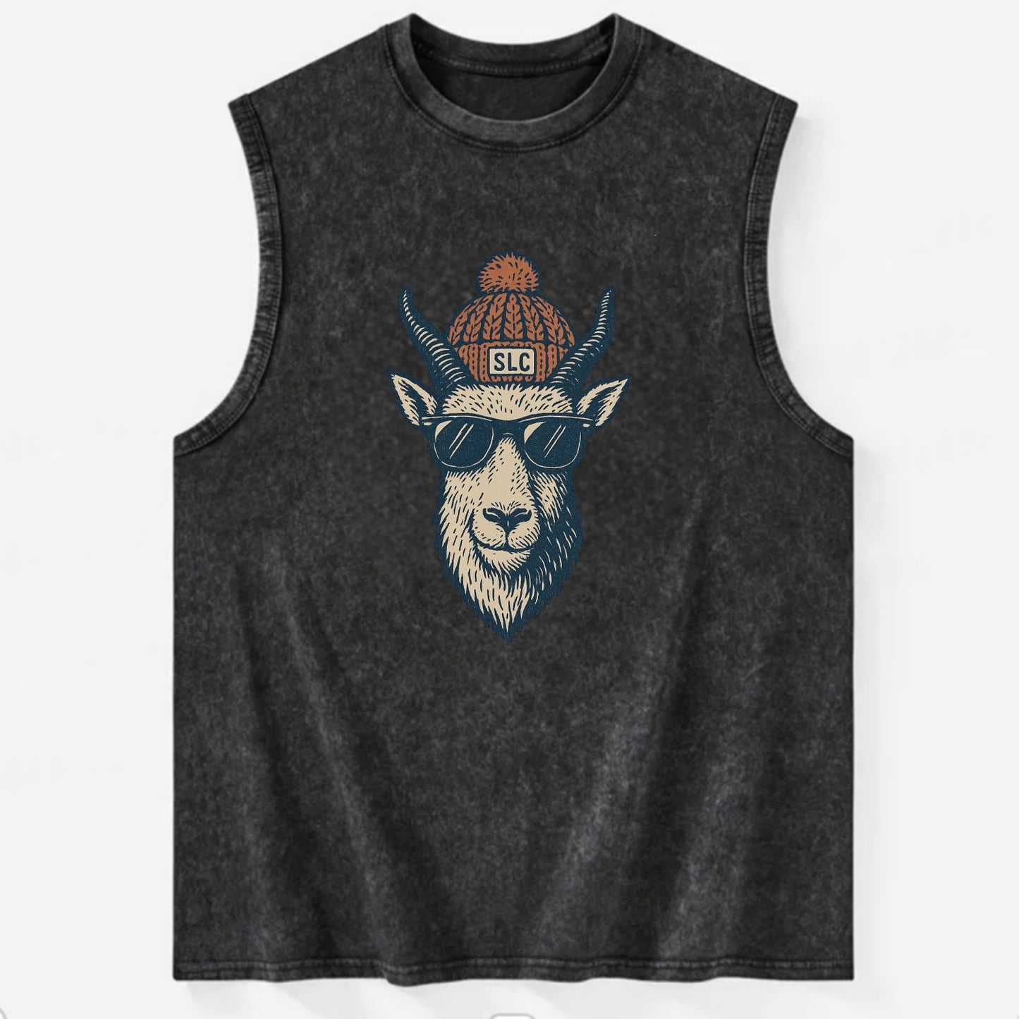 Salt Lake City Mountain Goat wearing SLC beanie with pom pom and wayfarer - Vintage Washed Tank - Black