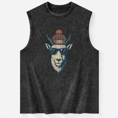Salt Lake City Mountain Goat wearing SLC beanie with pom pom and wayfarer - Vintage Washed Tank - Black