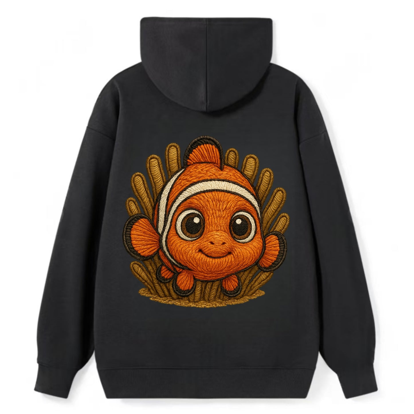 Baby Clownfish - orange with white stripes, big round eyes, front-facing - Classic Pullover Hoodie - Black