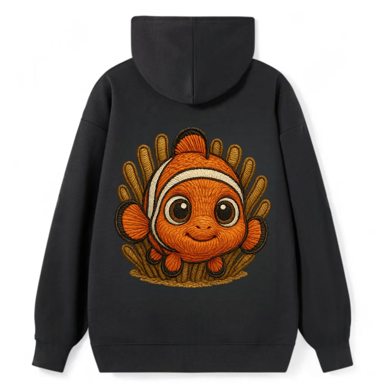 Baby Clownfish - orange with white stripes, big round eyes, front-facing - Classic Pullover Hoodie - Black