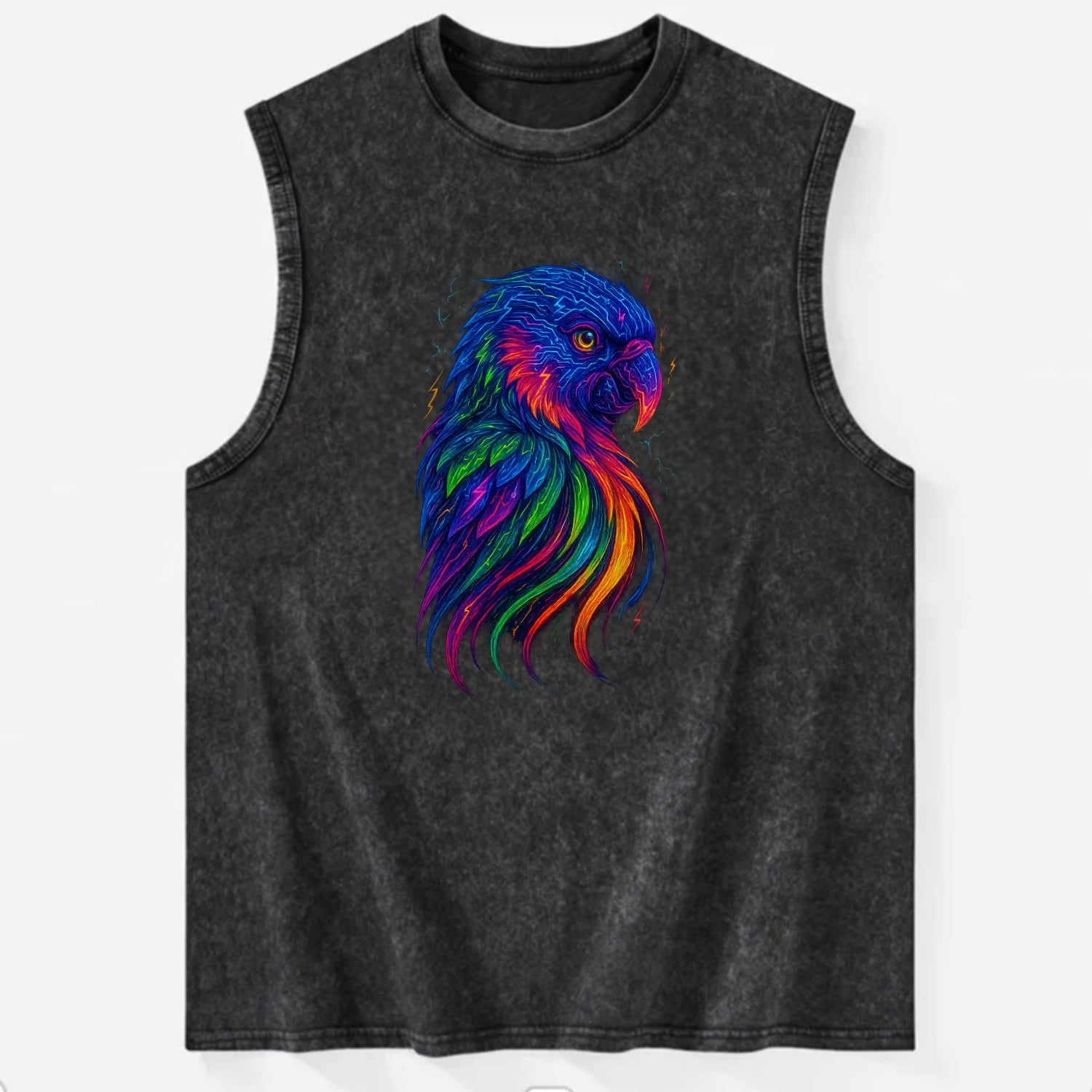 Vibrant parrot with feathers flowing into tropical rainbow streams, every - Vintage Washed Tank - Black