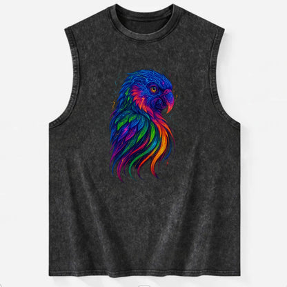 Vibrant parrot with feathers flowing into tropical rainbow streams, every - Vintage Washed Tank - Black