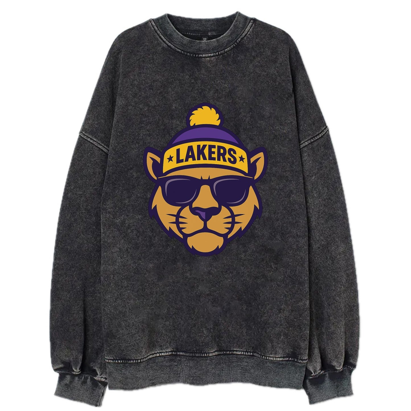 LA Mountain Lion wearing Lakers purple and gold beanie with championship stars - Vintage Sweatshirt - Black