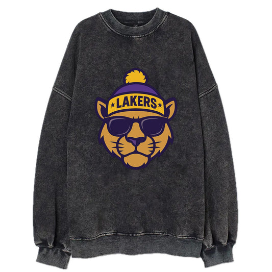 LA Mountain Lion wearing Lakers purple and gold beanie with championship stars - Vintage Sweatshirt - Black