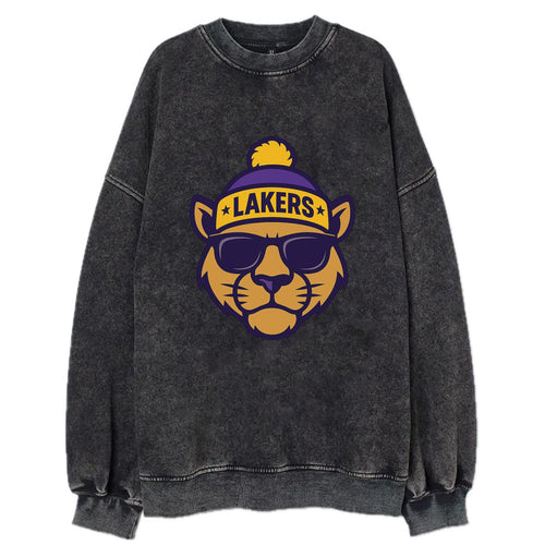 LA Mountain Lion wearing Lakers purple and gold beanie with championship stars - Vintage Sweatshirt