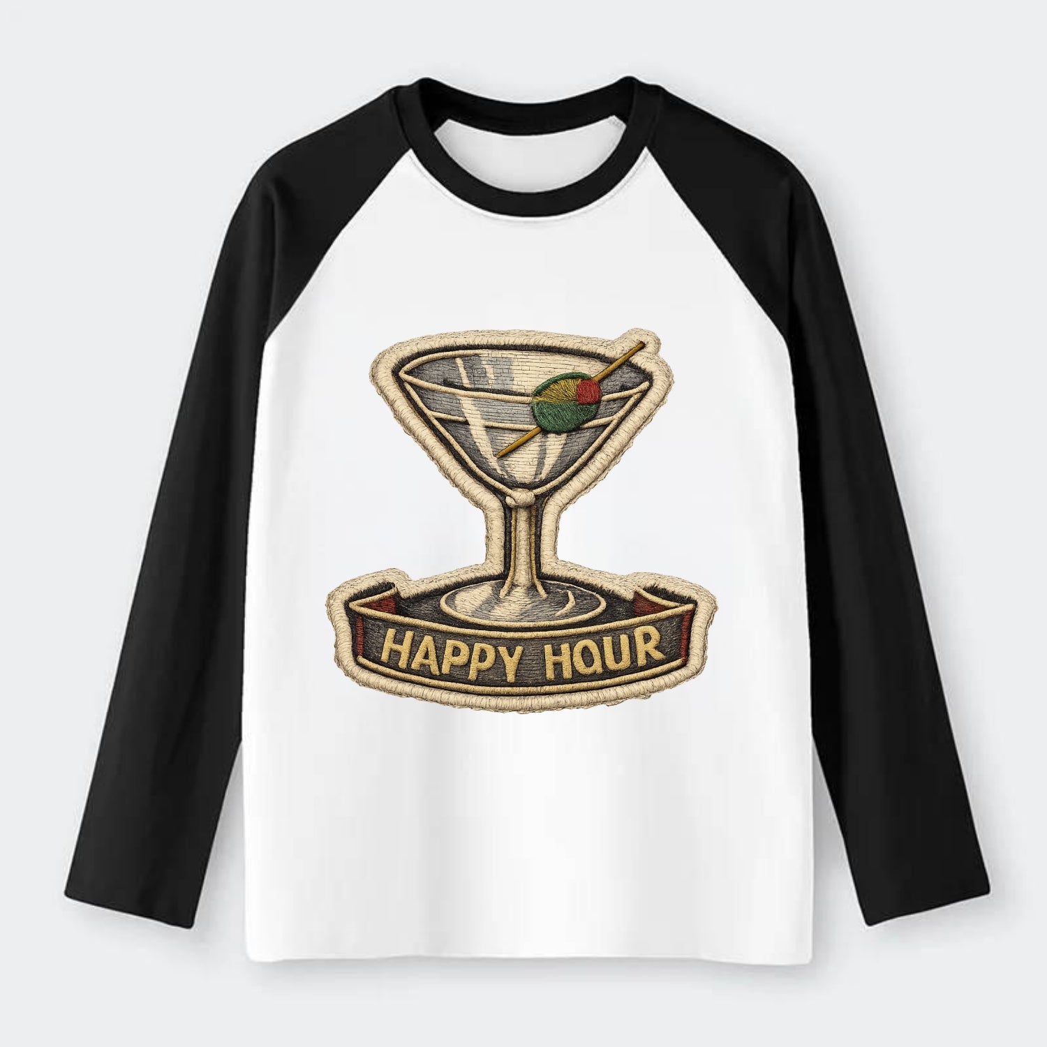 COCKTAIL MARTINI - martini glass with olive in silver and green , - Raglan Long Sleeve T-Shirt - Black
