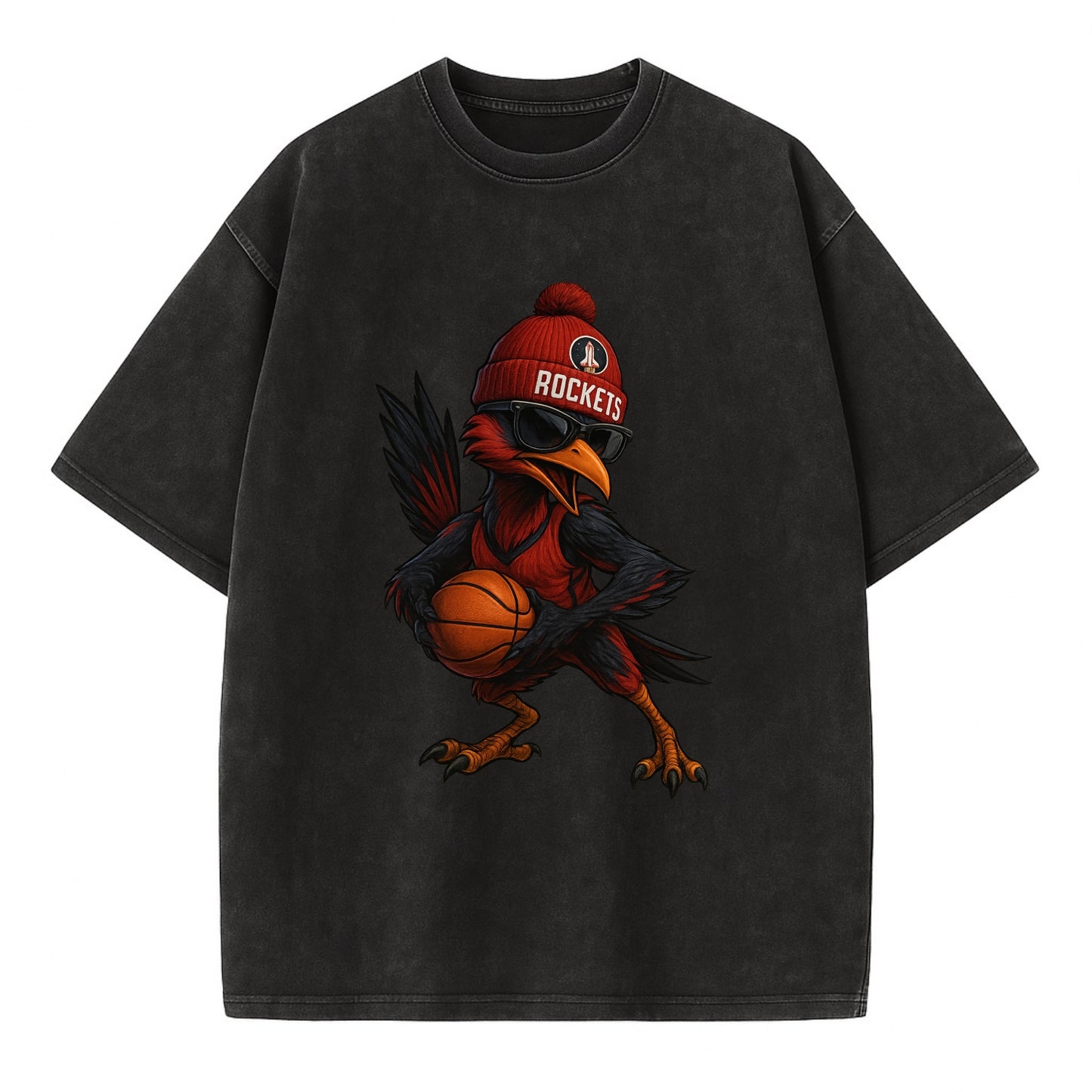 Houston Roadrunner wearing Rockets beanie with launch pad patch and wayfarer - Vintage T-shirt - Black