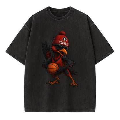 Houston Roadrunner wearing Rockets beanie with launch pad patch and wayfarer - Vintage T-shirt - Black
