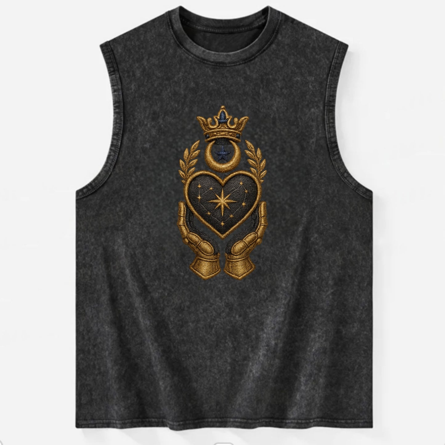 Crowned heart with Art Deco sunburst crown and geometric filigree hands - Vintage Washed Tank - Black