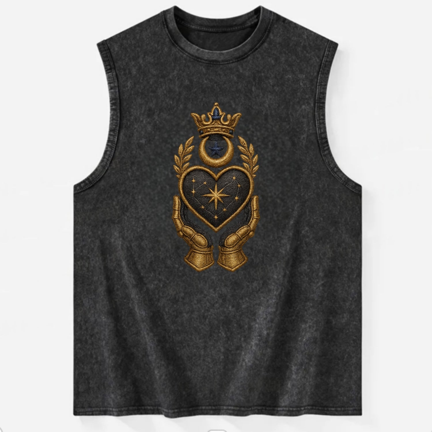 Crowned heart with Art Deco sunburst crown and geometric filigree hands - Vintage Washed Tank - Black