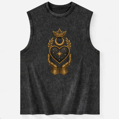 Crowned heart with Art Deco sunburst crown and geometric filigree hands - Vintage Washed Tank - Black