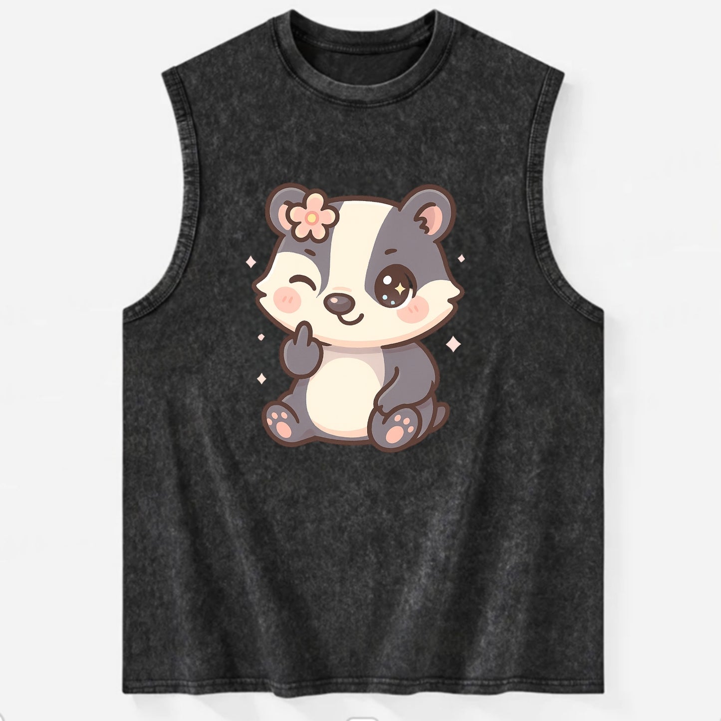 adorable badger with black and white stripes, one paw giving finger - Vintage Washed Tank - Black