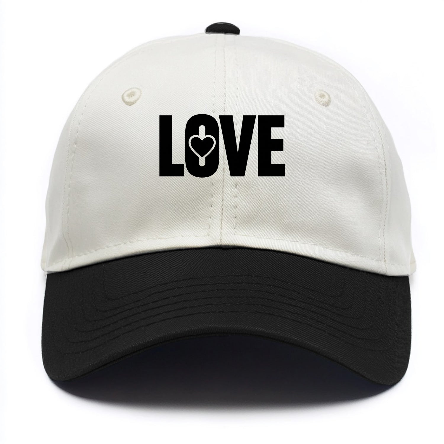Bold typography design - "LOVE" - universal connection, heart centered - Two Tone Cap - Black