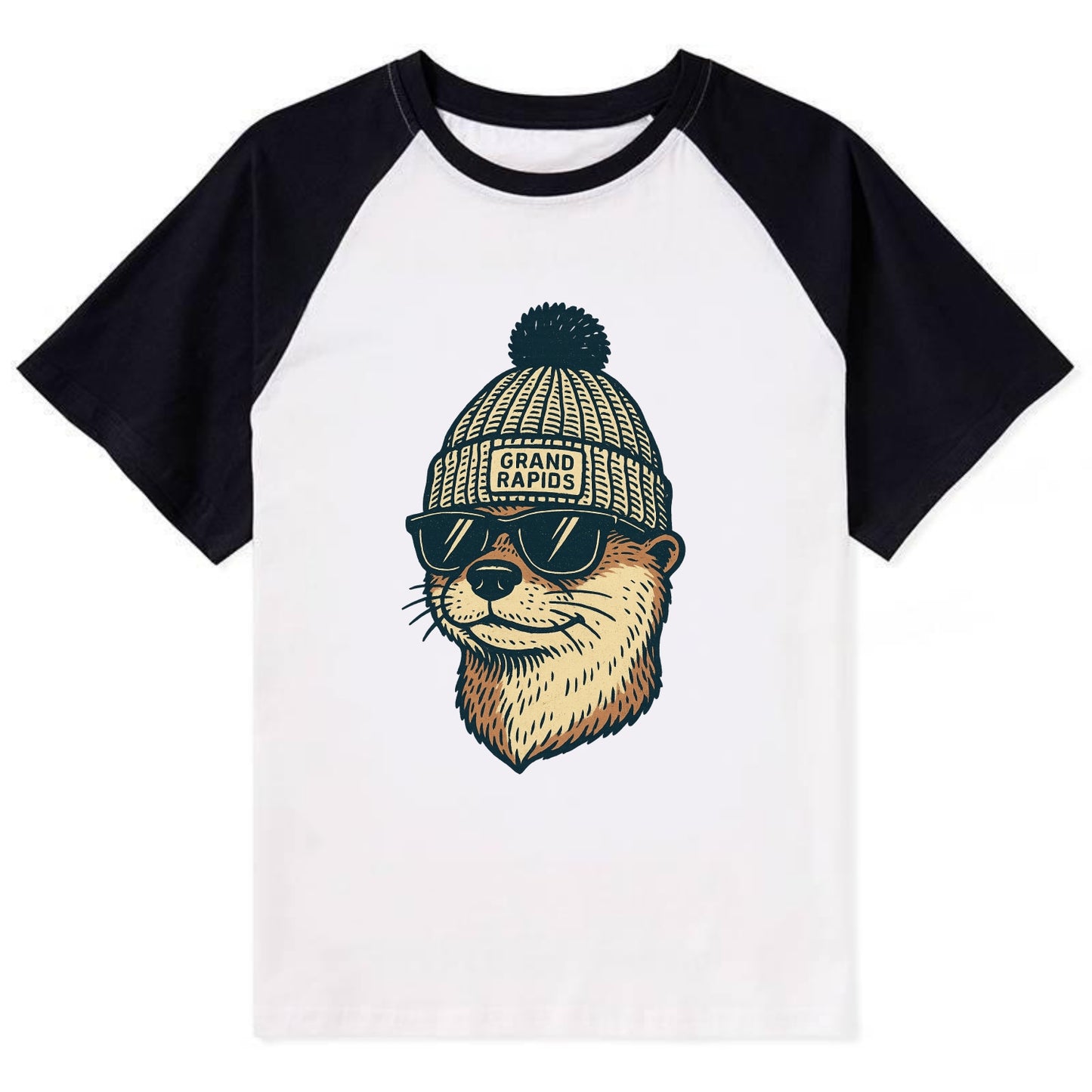 Grand Rapids River Otter wearing Grand Rapids beanie with pom pom and - Contrast Raglan T-shirt - Black