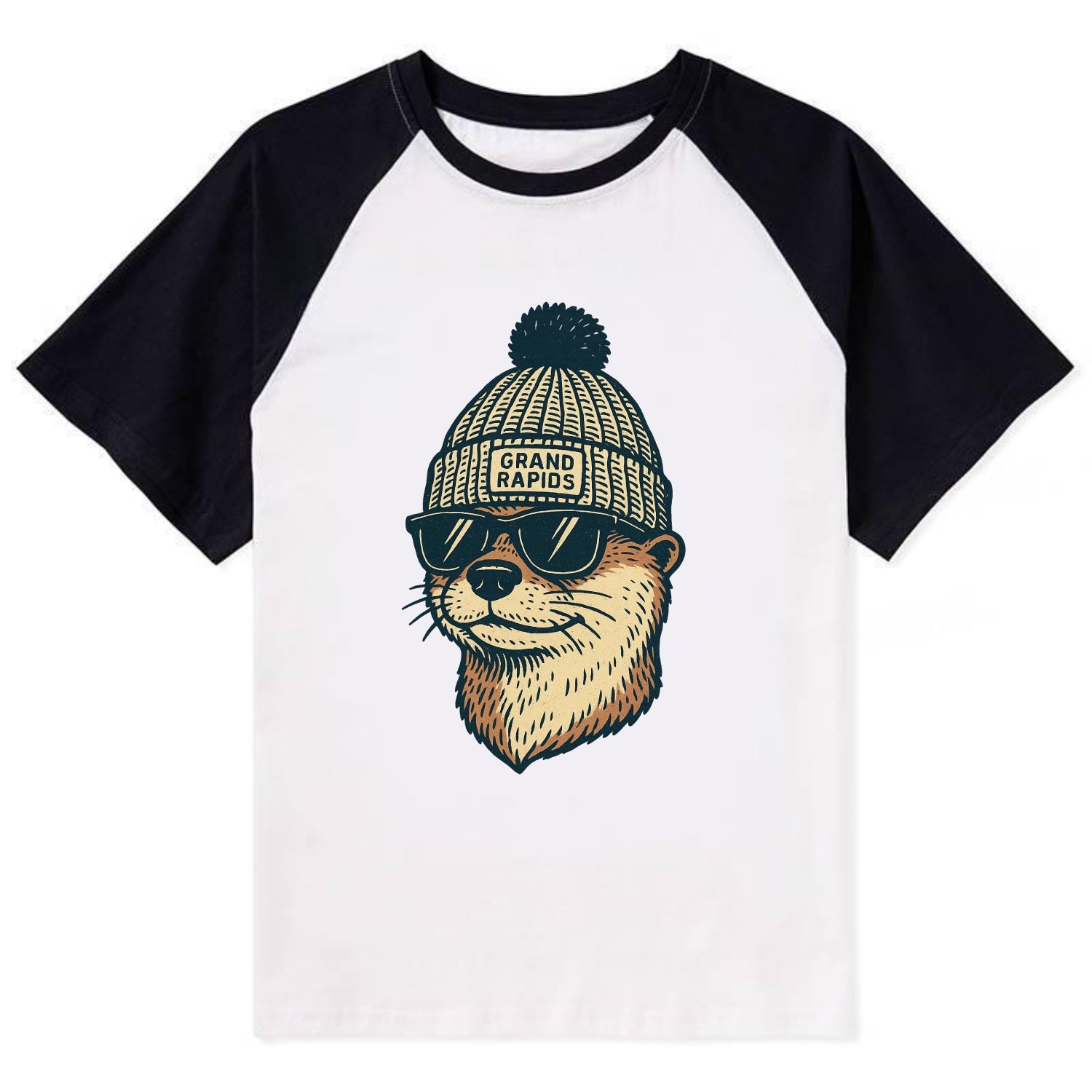 Grand Rapids River Otter wearing Grand Rapids beanie with pom pom and - Contrast Raglan T-shirt - Black