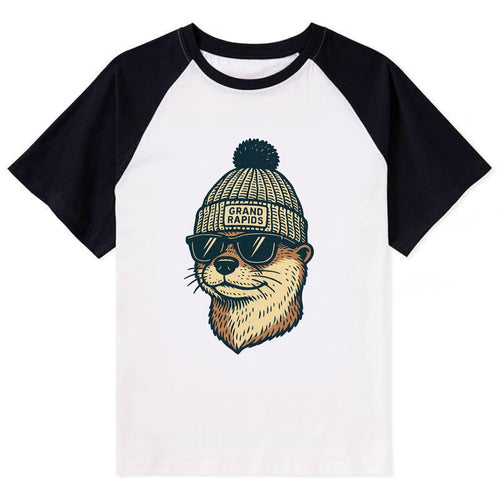 Grand Rapids River Otter wearing Grand Rapids beanie with pom pom and - Contrast Raglan T-shirt