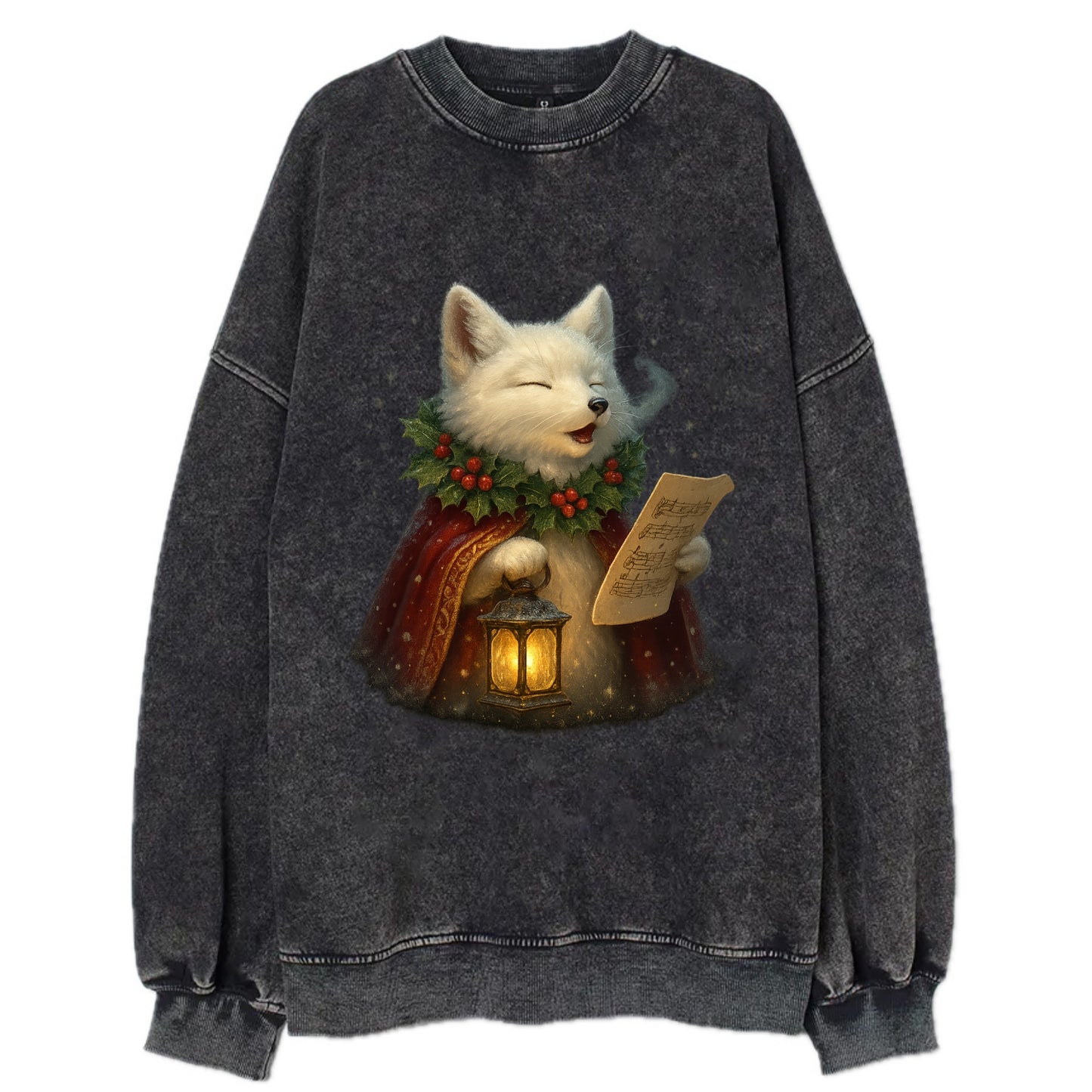 Snowbound Arctic Fox Caroler  - Vintage Sweatshirt - Black