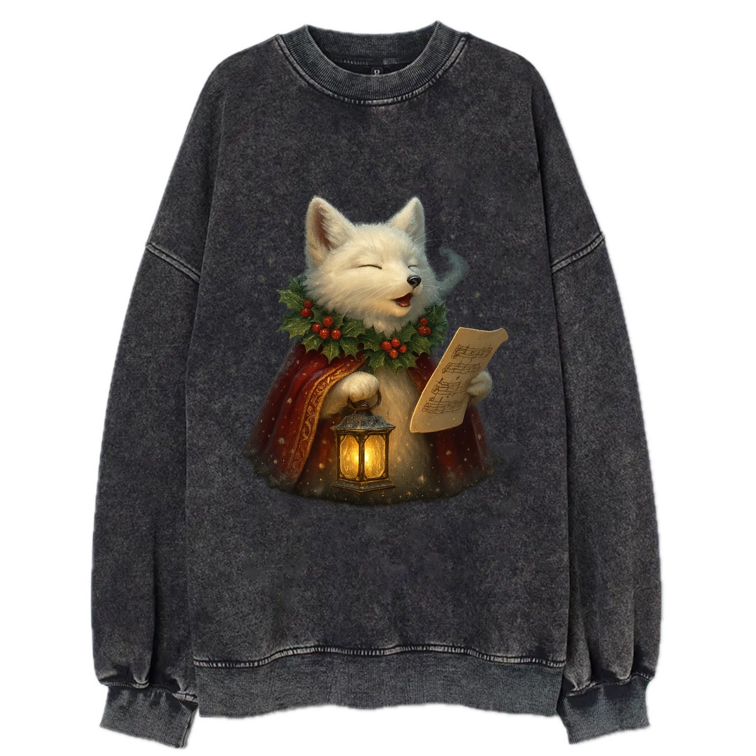 Snowbound Arctic Fox Caroler  - Vintage Sweatshirt - Black