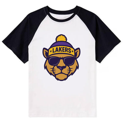LA Mountain Lion wearing Lakers purple and gold beanie with championship - Contrast Raglan T-shirt - Black
