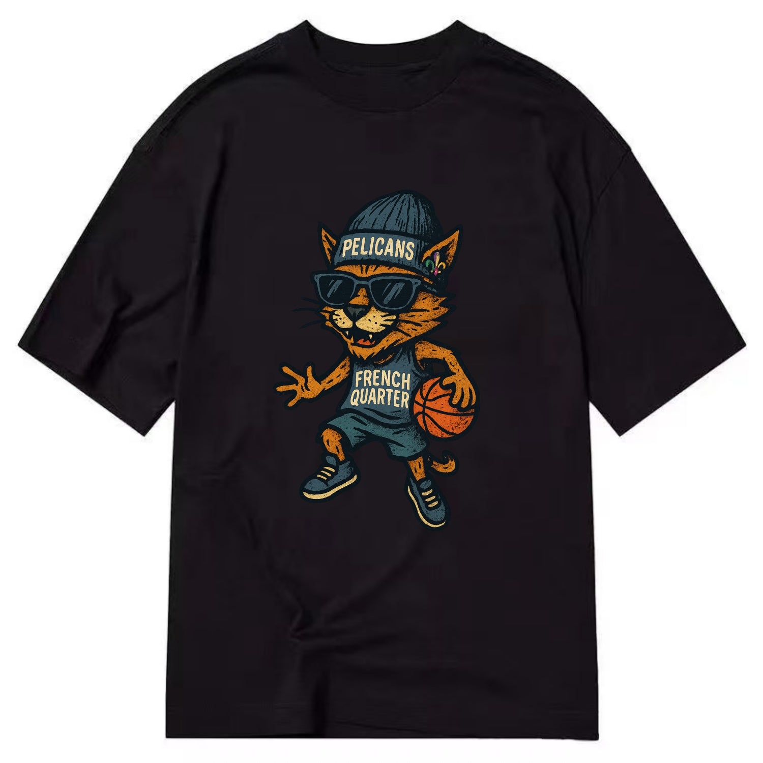 French Quarter Cat wearing Pelicans beanie with Mardi Gras patch and wayfarer - Classic T-shirt - Black