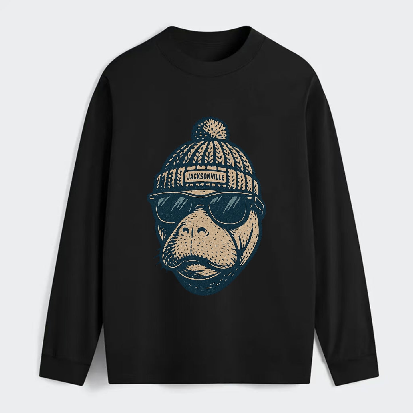Jacksonville Manatee wearing Jacksonville beanie with pom pom and - Classic Long Sleeve Shirt - Black