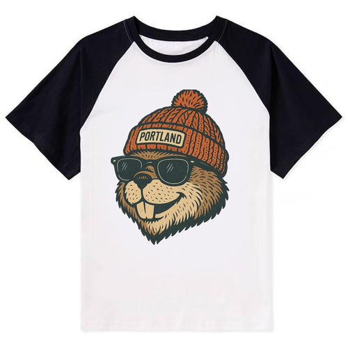 Oregon Beaver wearing Portland beanie with pom pom and wayfarer sunglasses - Contrast Raglan T-shirt