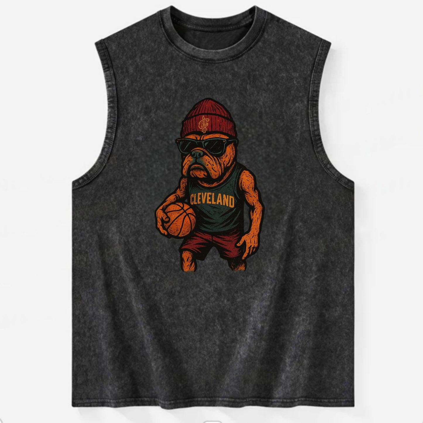 Cleveland Bulldog wearing Cavaliers wine and gold beanie with sword patch and - Vintage Washed Tank - Black