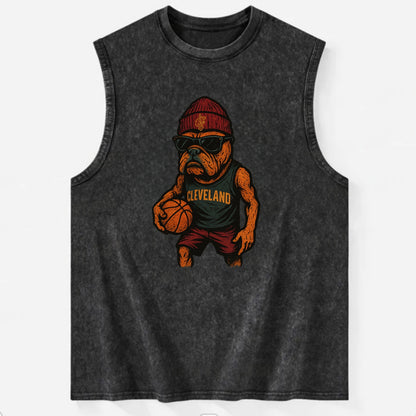 Cleveland Bulldog wearing Cavaliers wine and gold beanie with sword patch and - Vintage Washed Tank - Black