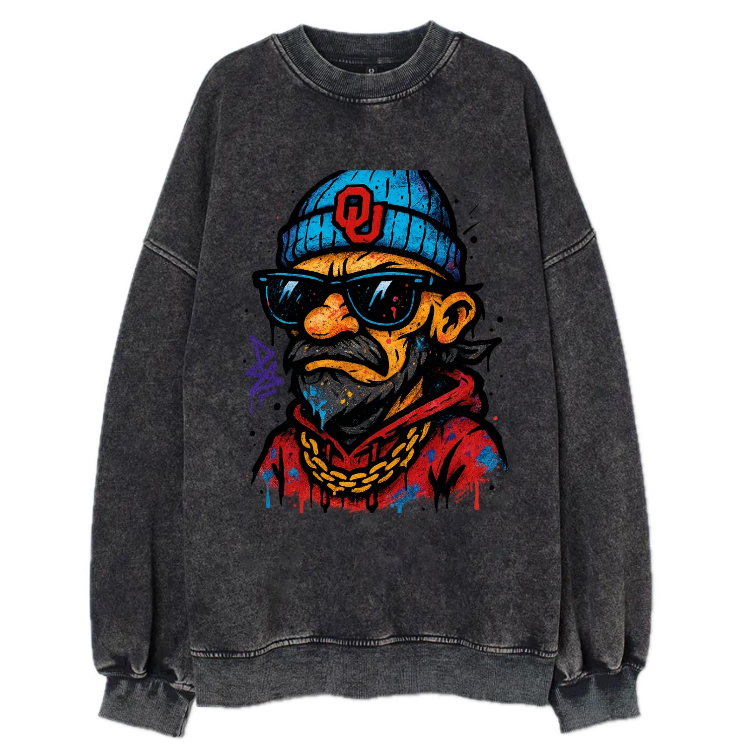 Norman Sooner wearing Oklahoma beanie with OU patch - Vintage Sweatshirt - Black