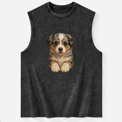 Baby Australian Shepherd Puppy - merle coat, bright eyes, fluffy, - Vintage Washed Tank - Black