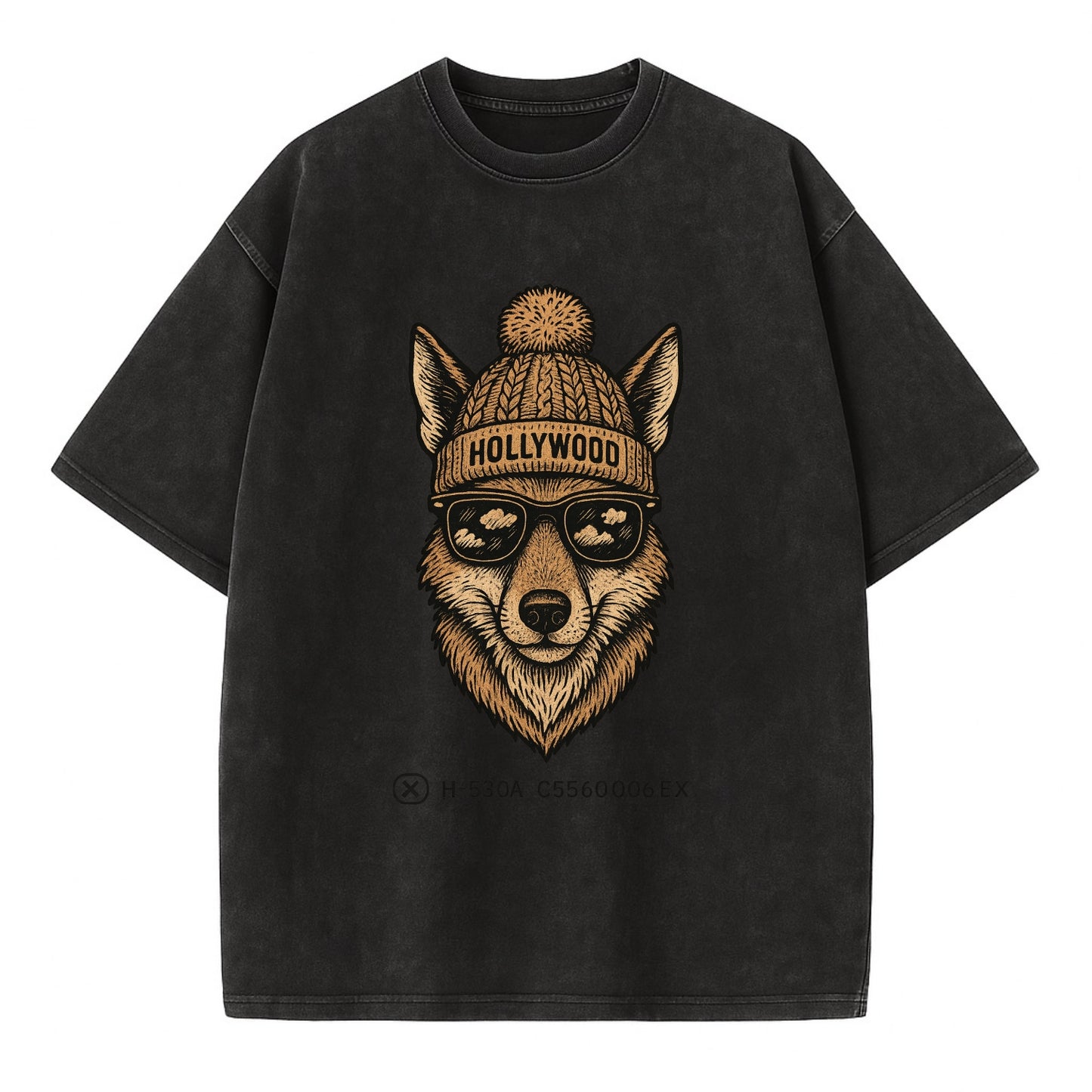 LA Coyote wearing Hollywood beanie with pom pom and wayfarer sunglasses - Vintage T-shirt - Black