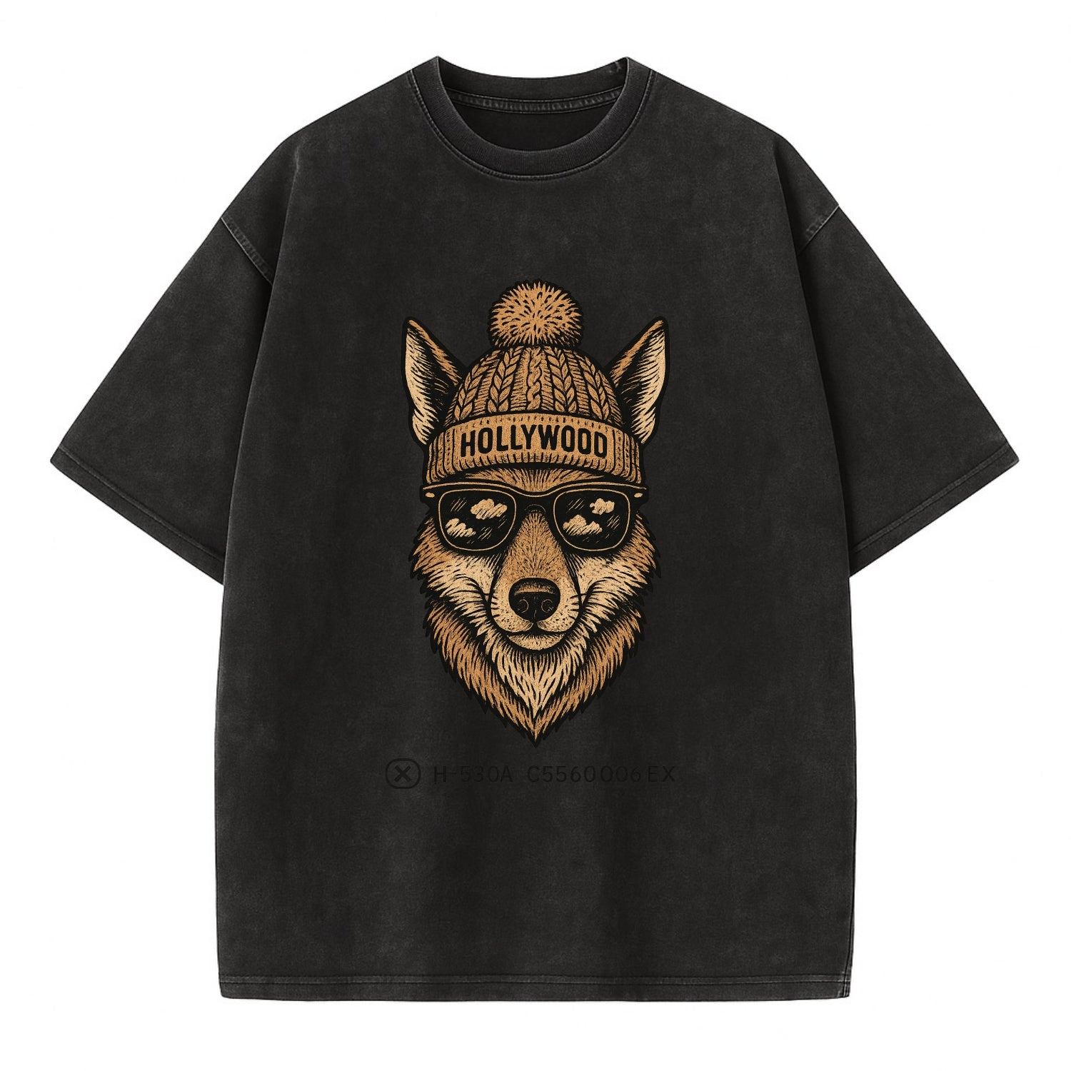 LA Coyote wearing Hollywood beanie with pom pom and wayfarer sunglasses - Vintage T-shirt - Black
