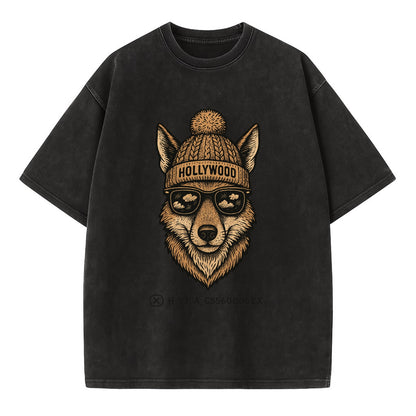 LA Coyote wearing Hollywood beanie with pom pom and wayfarer sunglasses - Vintage T-shirt - Black