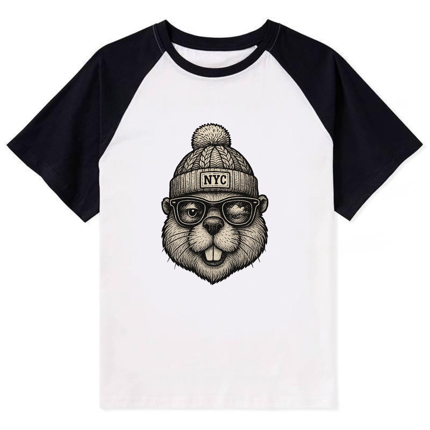 New York Beaver wearing NYC beanie with pom pom and wayfarer sunglasses - Contrast Raglan T-shirt - Black